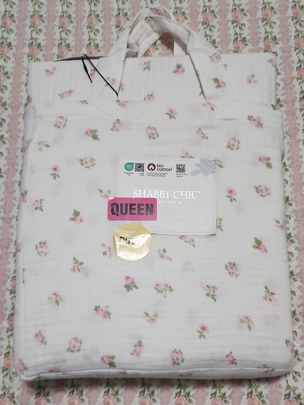SET Shabby Chic Gauze Cotton Pink Rose Bud Print Duvet Cover + 2 Pillow Covers